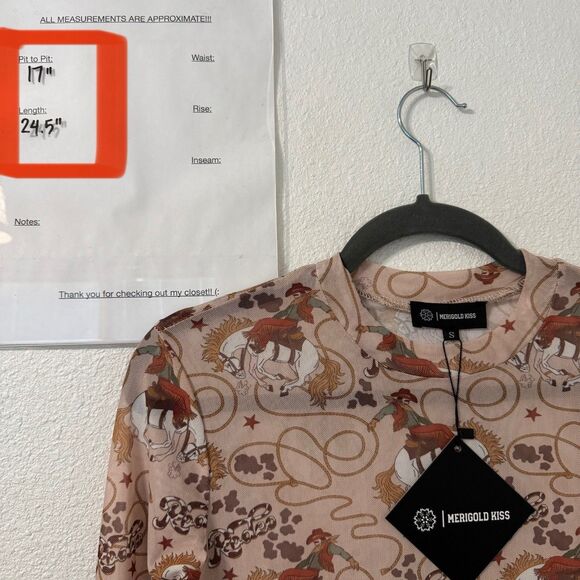 Marigold Kiss Rodeo Short Sleeve Mesh Top Small Western Cowboy Festival Sheer - Picture 5 of 5